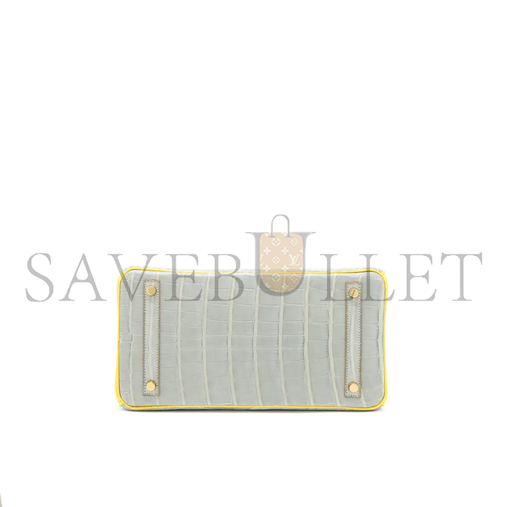 H**mes master birkin 25 crocodile leather pearl grey and yellow bag gold buckle h041354ck2s (25*20*13cm)